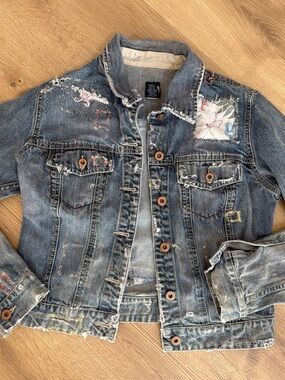 Gap Distressed Blue Denim Jacket with Floral Patches